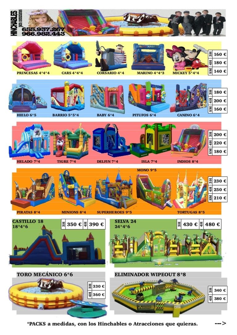 Precios Alquiler colchonetas hinchables Alicante