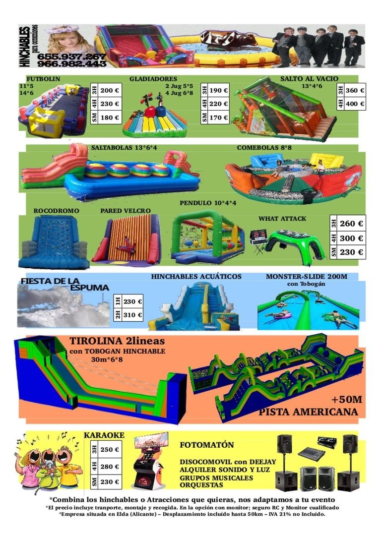 Precios Alquiler castillos hinchables Alicante